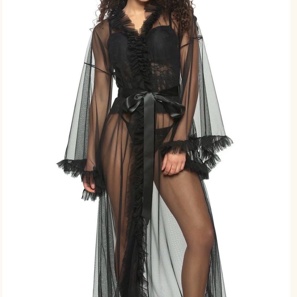 Felina Black Sheer Ruffle Trim Robe